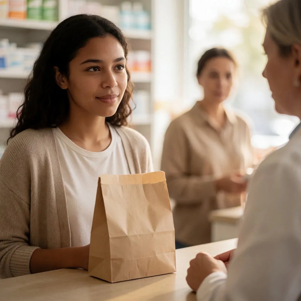 Junge Frau mit dunklerer Hautfarbe im Gespräch mit einem Apotheker am Tresen
