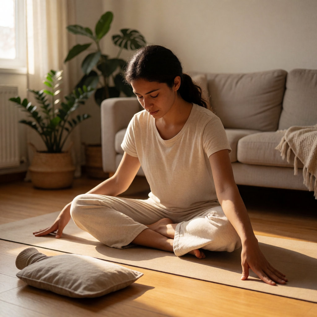 Jeune femme maghrébine faisant du yoga doux, bouillotte posée près d'elle