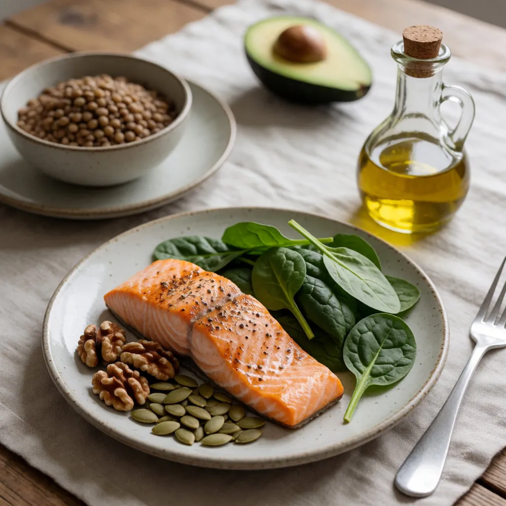 Ausgewogener Teller mit Lachs, Walnüssen, Spinat und Linsen