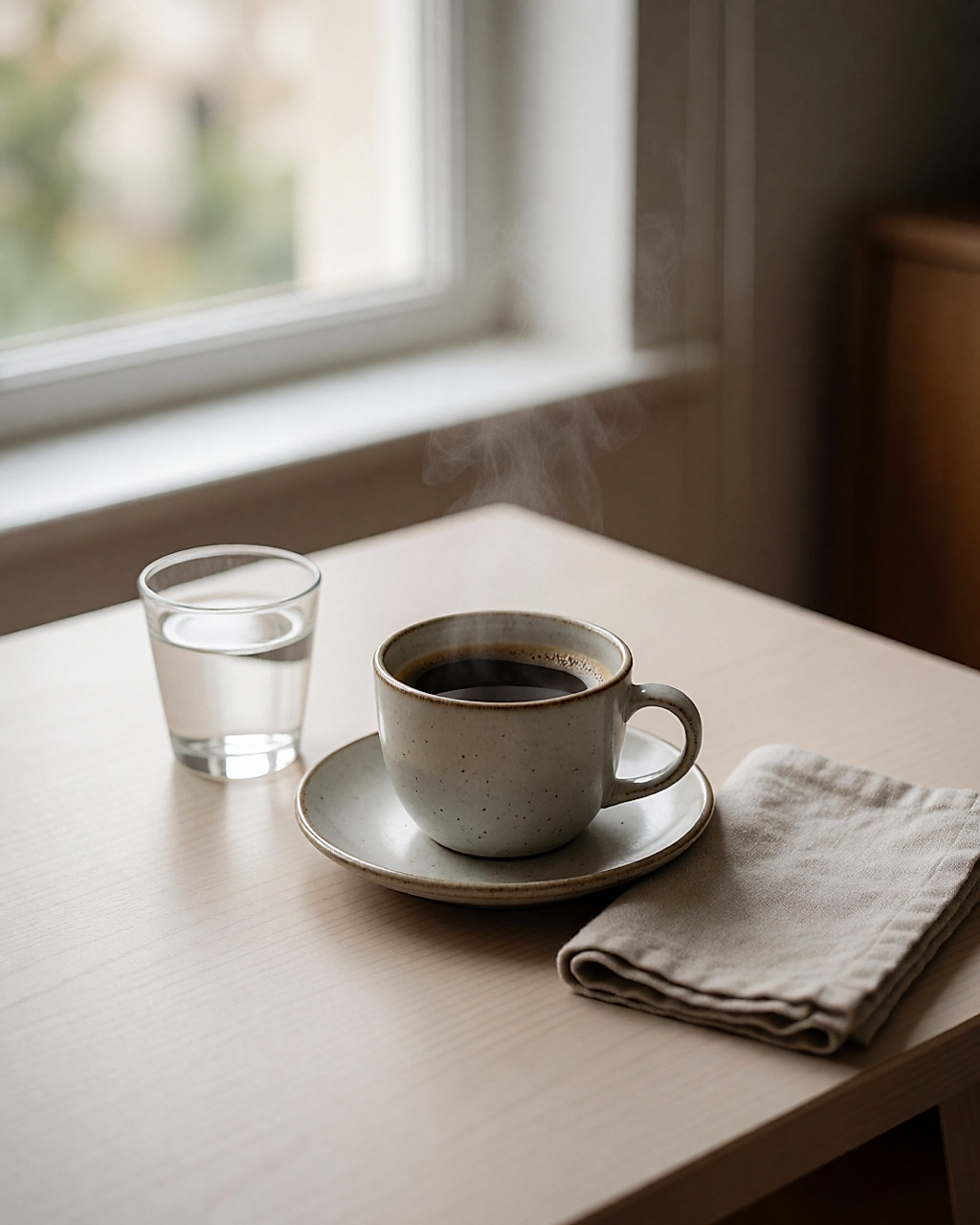 Tasse de café noir sur une table en bois, verre d'eau et serviette en lin à côté