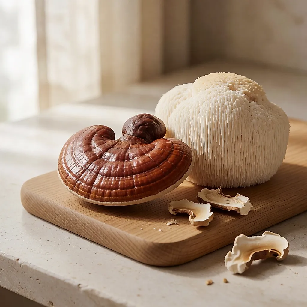 Un reishi à la surface vernissée et un lion's mane au pompon duveteux posés sur une planche
