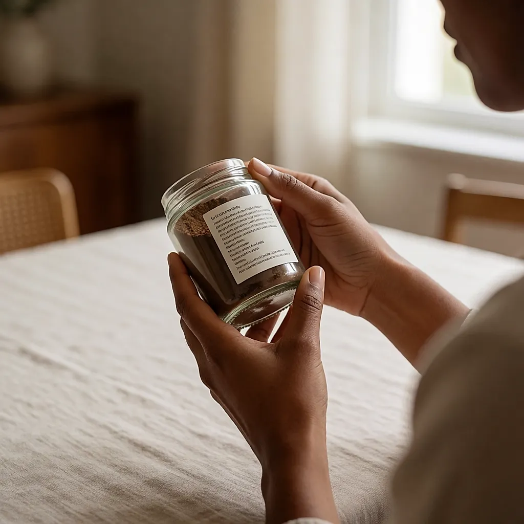 Deux mains inclinent un bocal pour lire la petite liste d'ingrédients imprimée sur l'étiquette