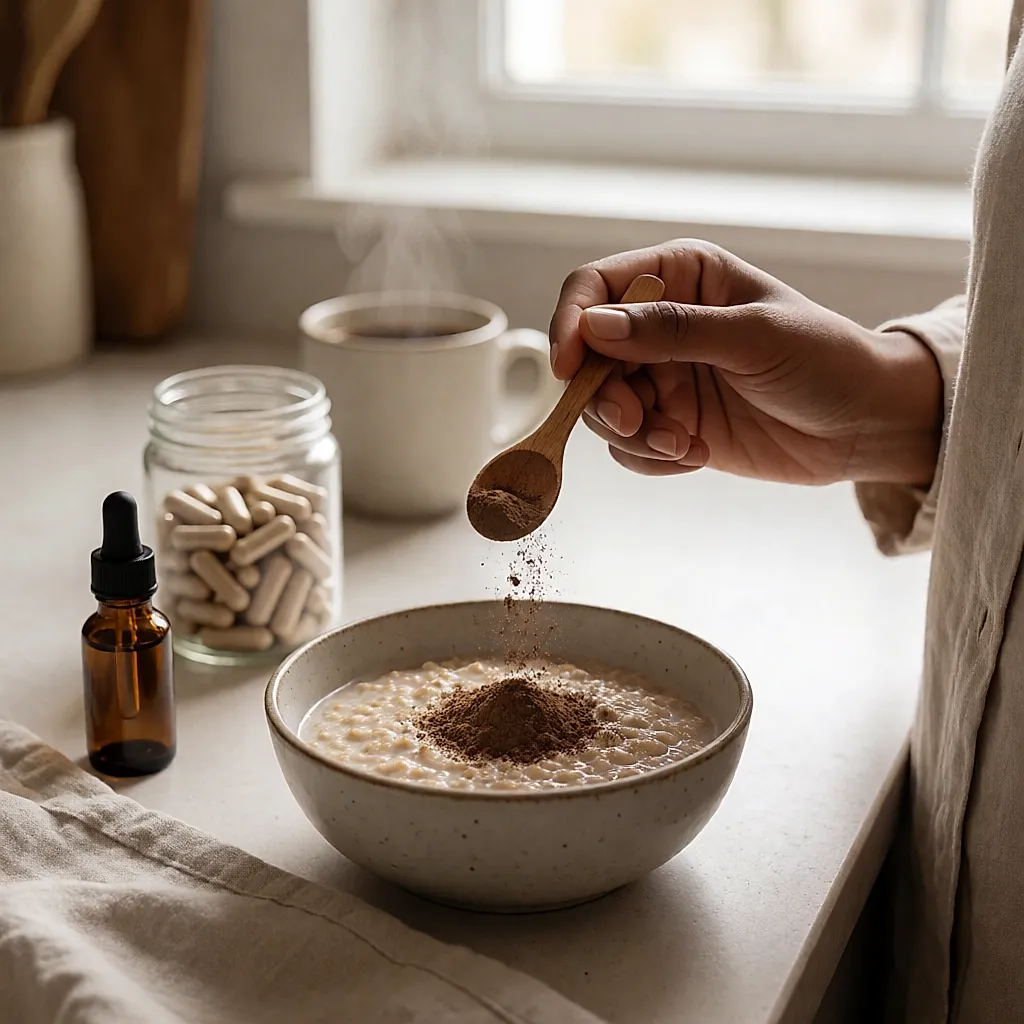 Une cuillère verse la poudre brune dans un porridge, gélules et teinture en arrière-plan