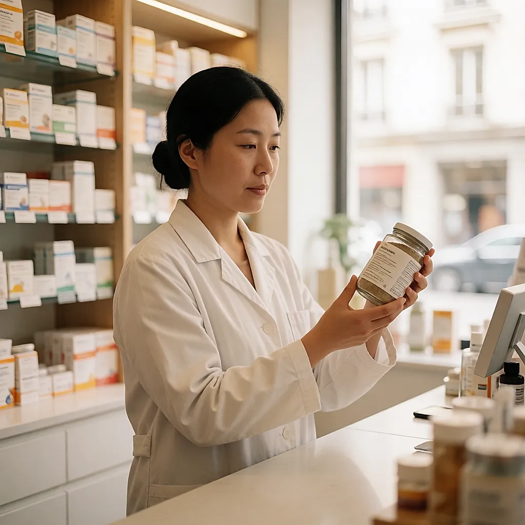 Une pharmacienne présente un pot de poudre de champignon et explique sa composition au comptoir