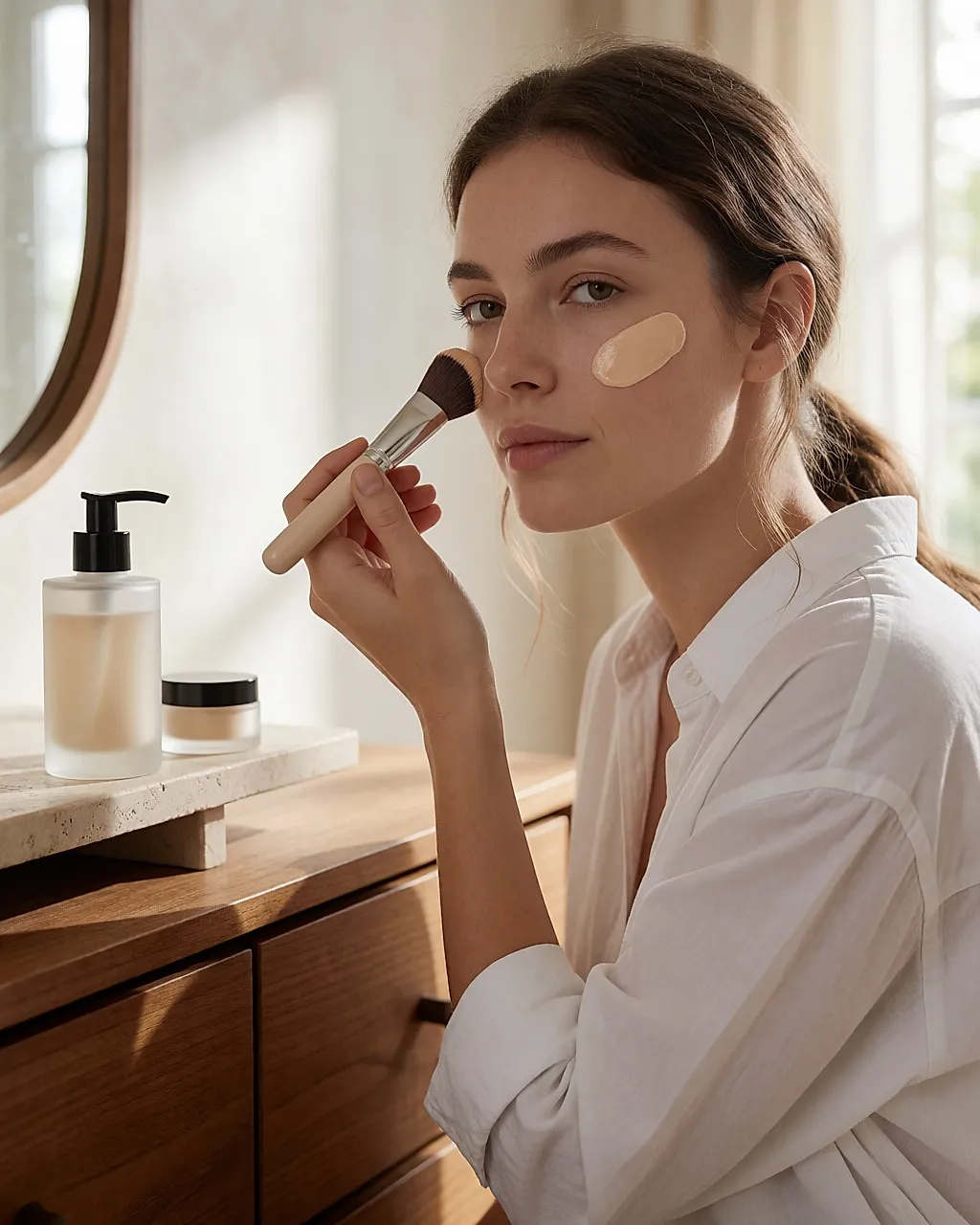 Frau trägt flüssiges Foundation mit einem Pinsel in einem hellen Badezimmer auf