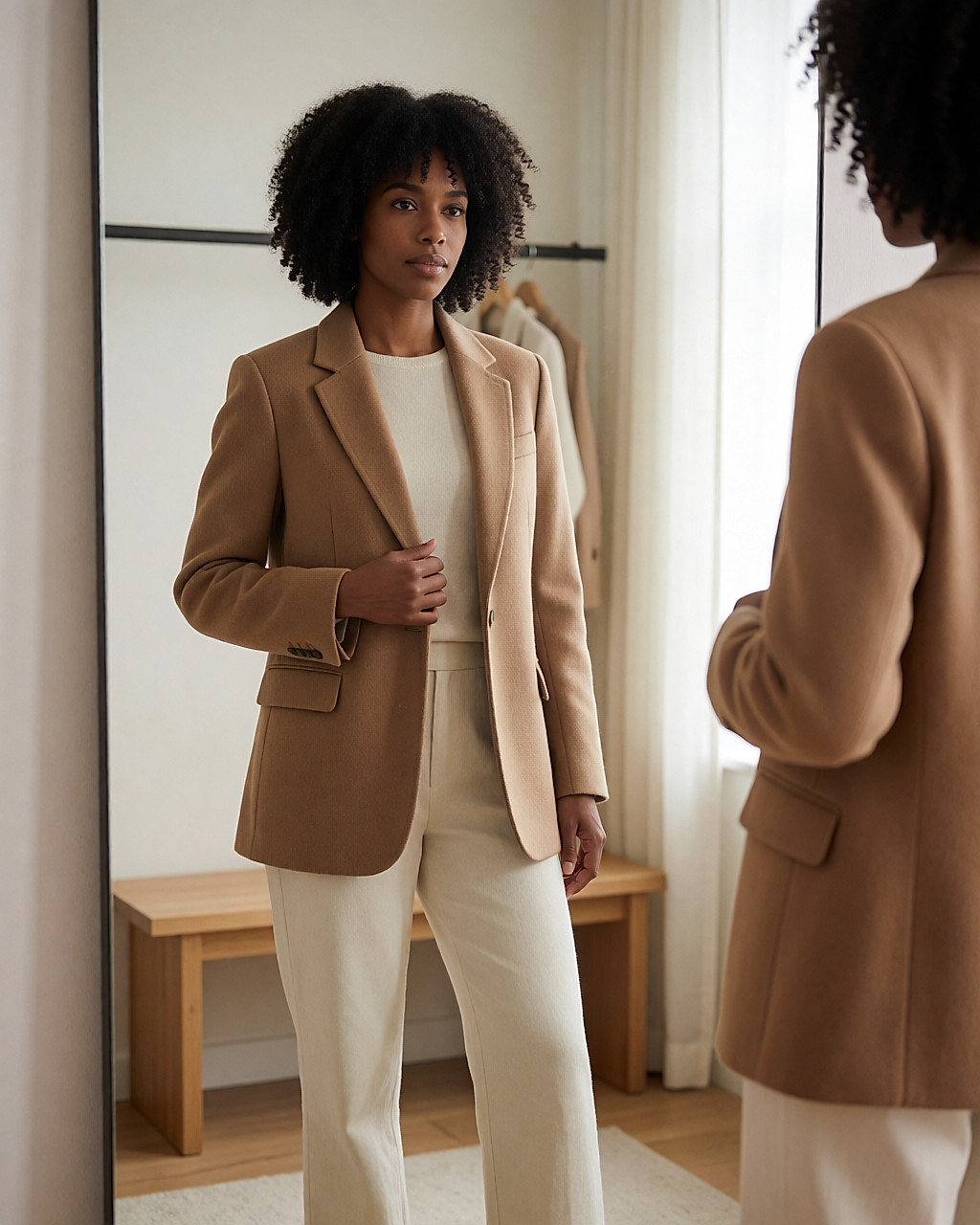Femme en blazer camel devant un miroir, vérifiant le tombé et la longueur de sa tenue