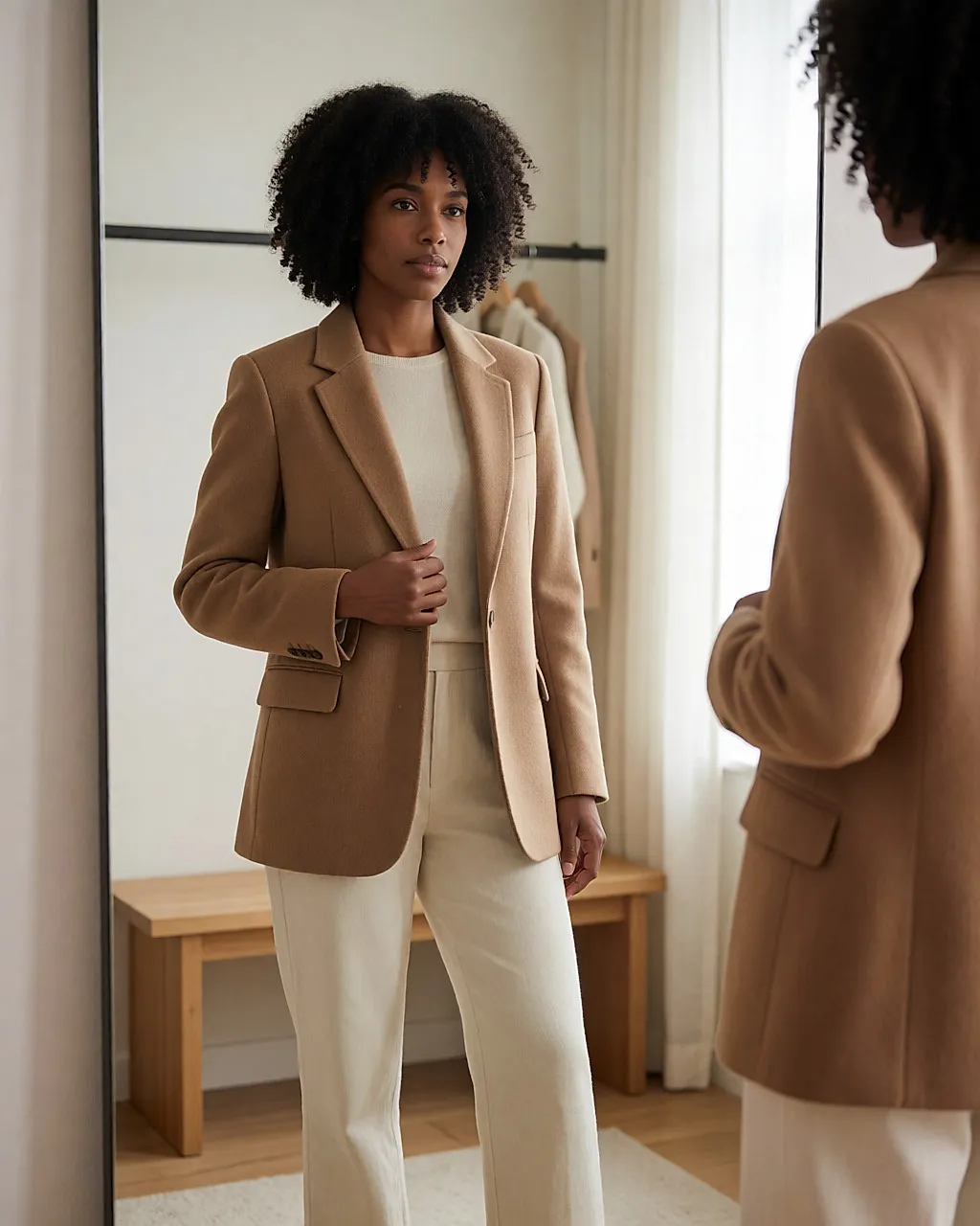 Frau im camel-farbenen Blazer vor einem Spiegel, prüft Fall und Länge ihres Outfits
