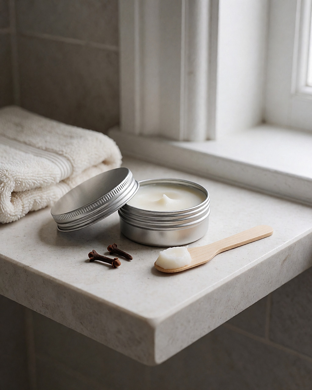 Pot de baume camphré ouvert, texture blanche épaisse, posé avec une spatule en bois et deux clous de girofle