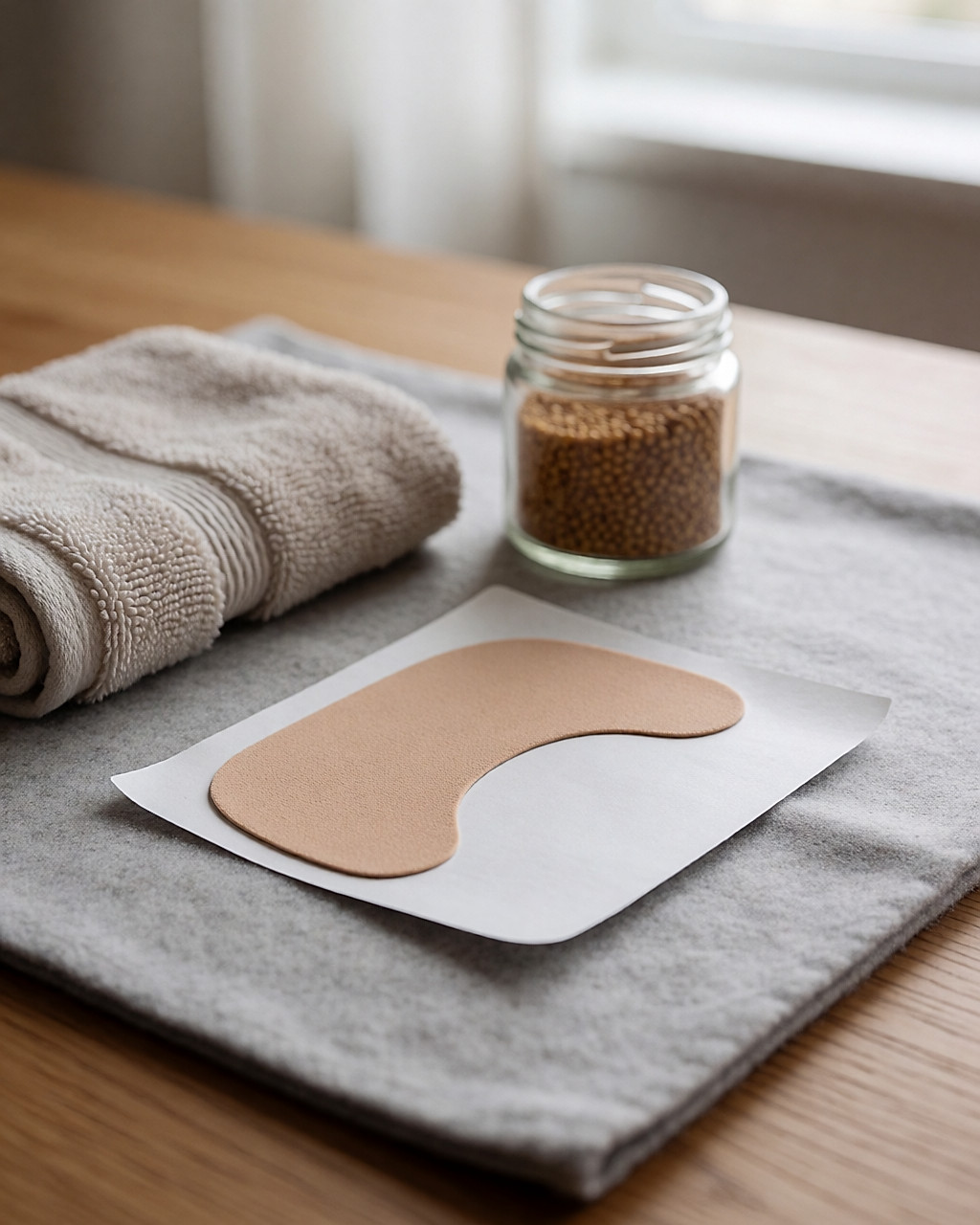 Patch chauffant beige à demi décollé de son film protecteur, posé sur un linge de flanelle gris avec une serviette pliée