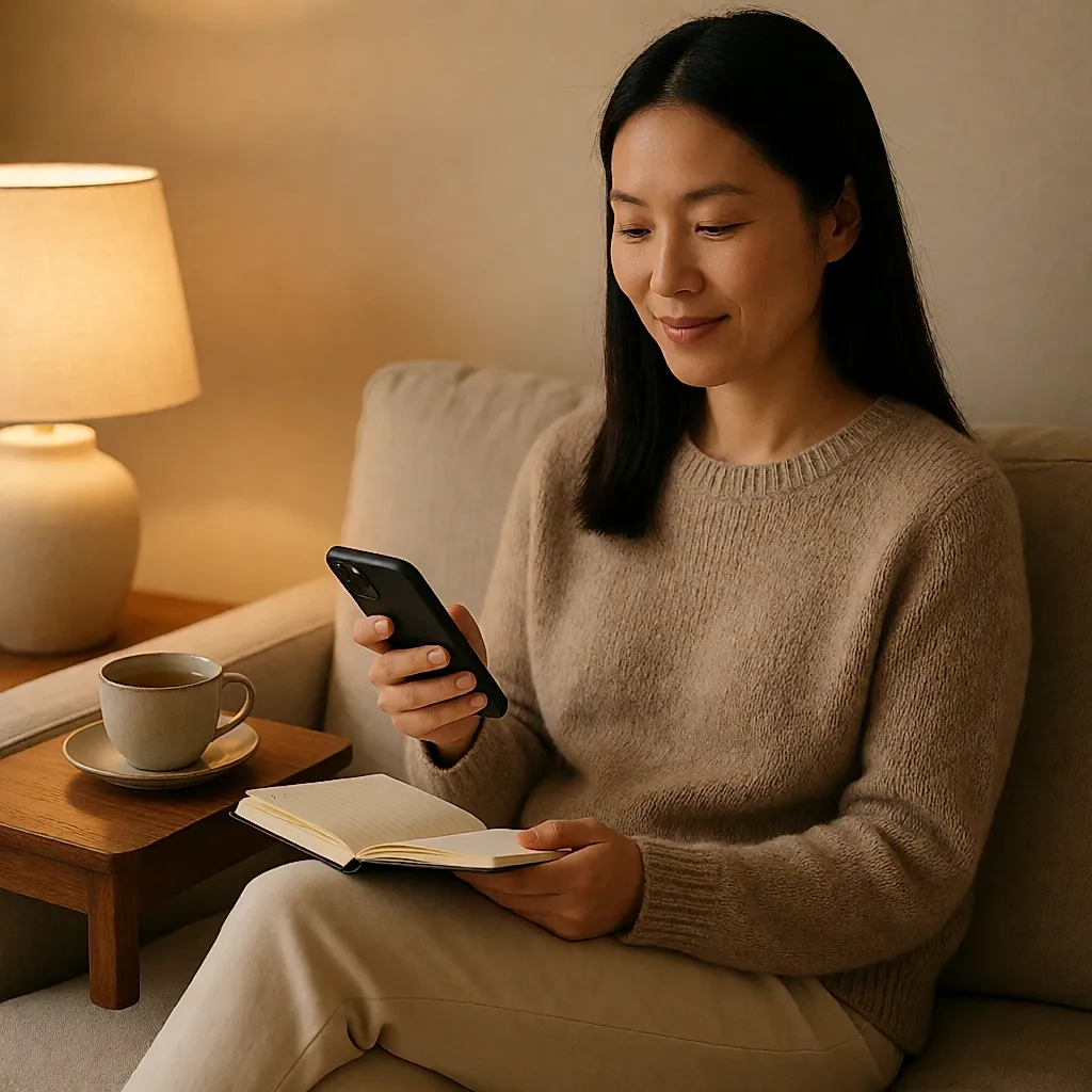 晚上，一位女性在沙发上记下三个要点，并在手机里设了提醒