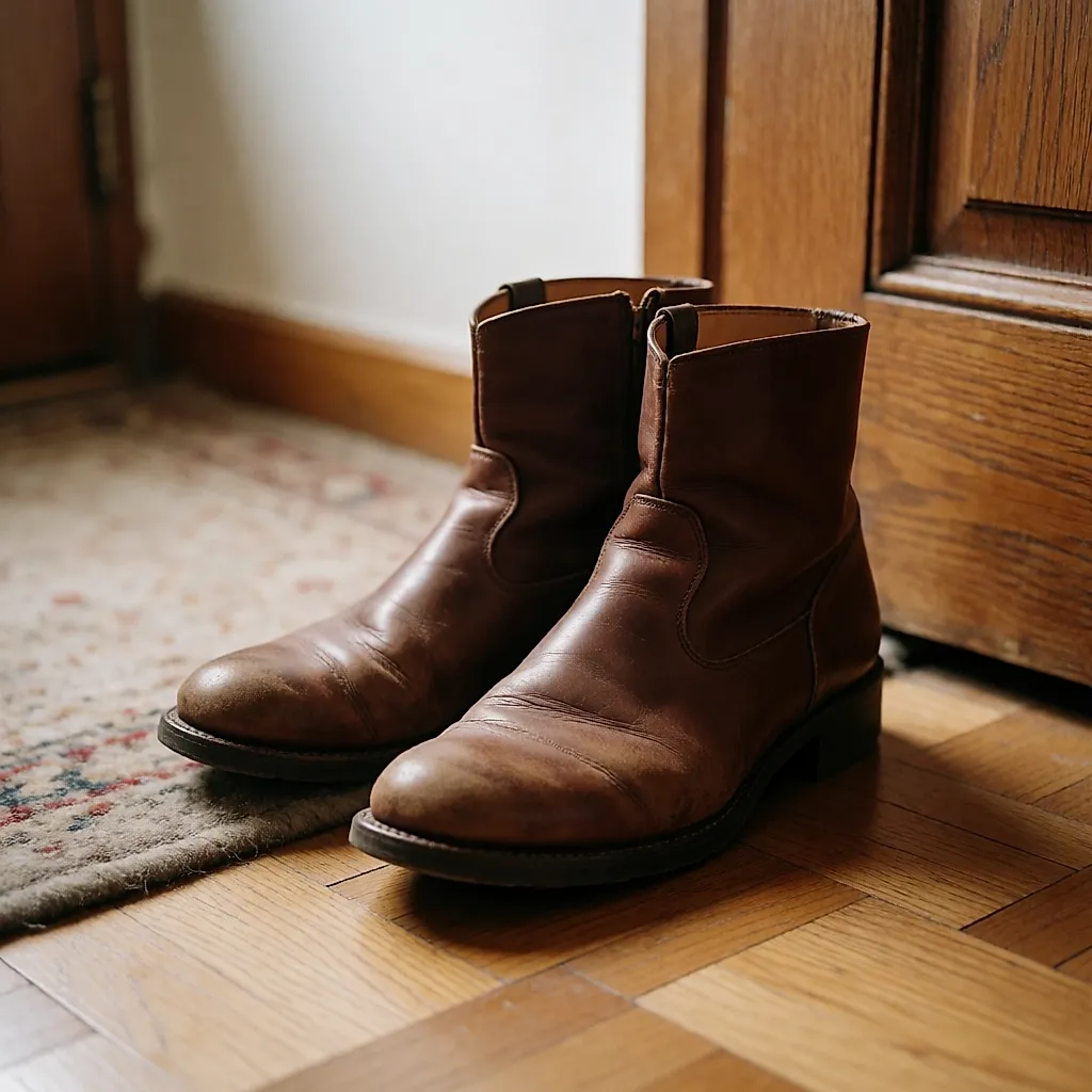 Bottines en cuir usées, plis marqués et talons râpés, posées sur un parquet d'entrée