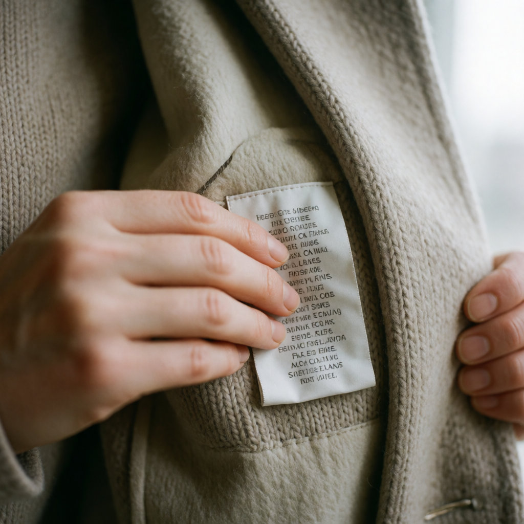 Hand pulling back a composition label sewn inside a wool jacket