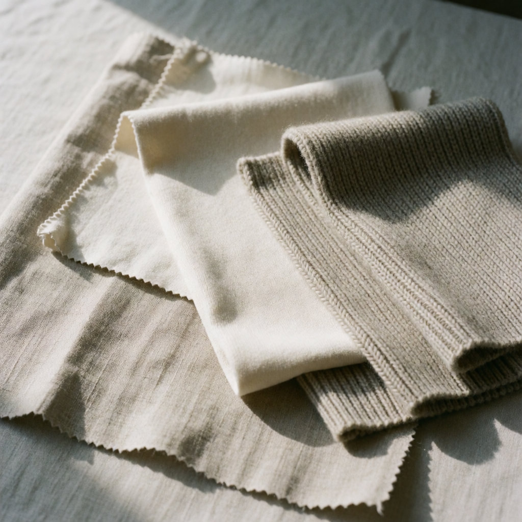 Samples of linen, thick cotton and wool layered on a light surface