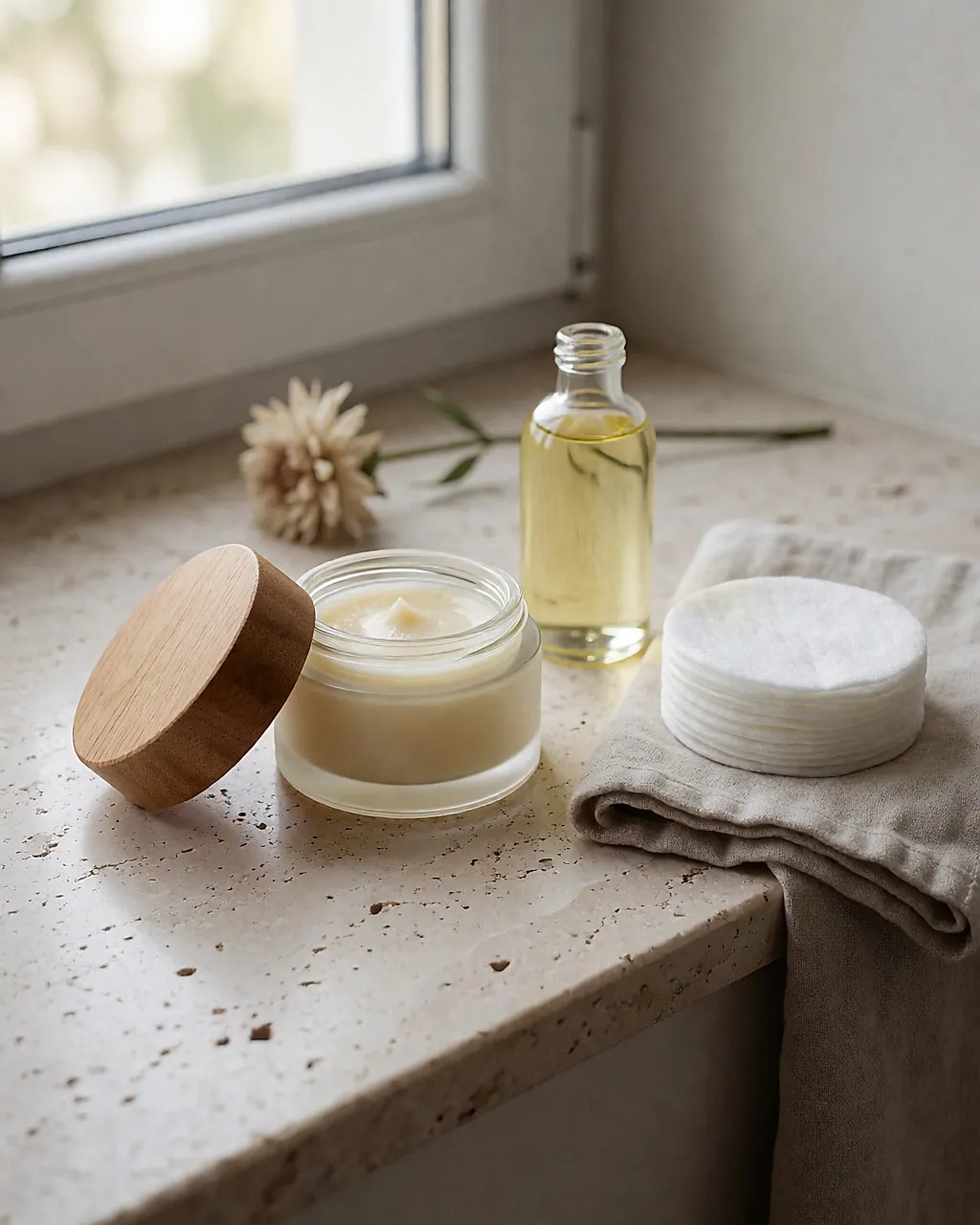 Tarro de bálsamo desmaquillante, frasco de aceite y algodones sobre un estante de piedra clara