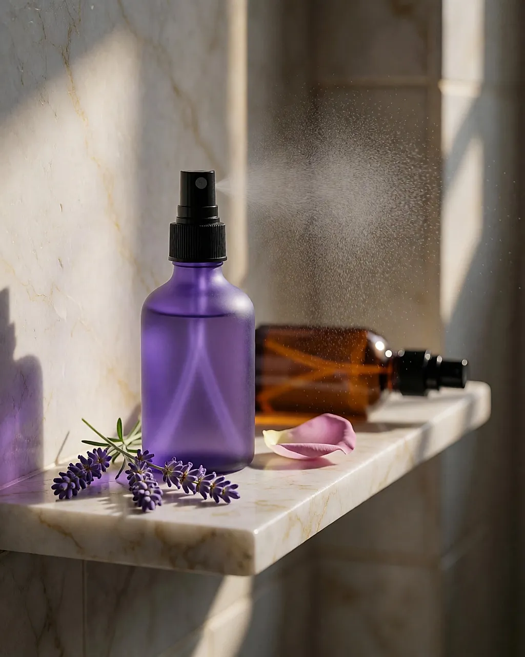 Frasco de vidrio opaco de hidrolato de lavanda y una ramita de lavanda sobre un estante