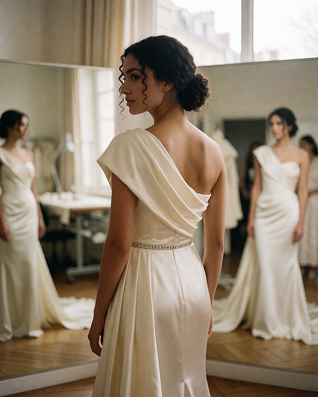 Trois-quarts dos d'une mariée en robe drapée ivoire, pan de soie sur l'épaule et ceinture bijou