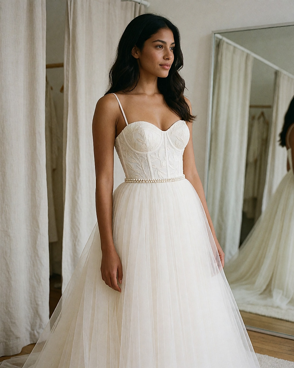 Robe bustier ivoire brodée, ceinture bijou de perles et cristal taillé, jupe de tulle en boutique