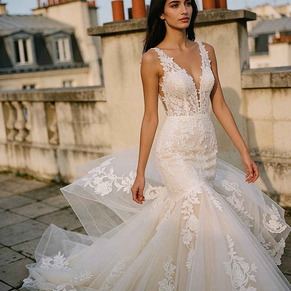 Mariée en robe fourreau de dentelle et tulle sur une terrasse urbaine au coucher du soleil