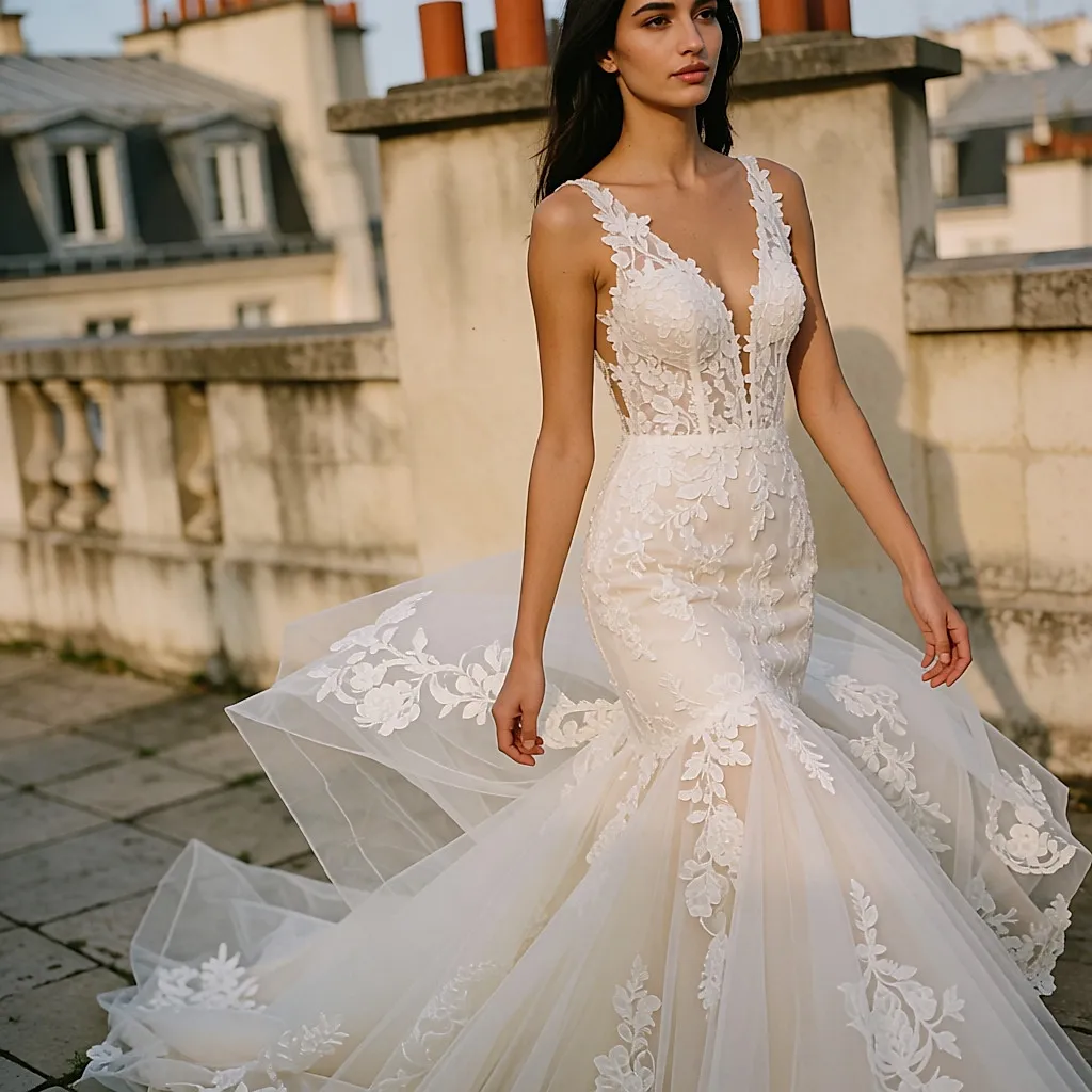 Novia con vestido de tubo de encaje y tul en una terraza urbana al atardecer