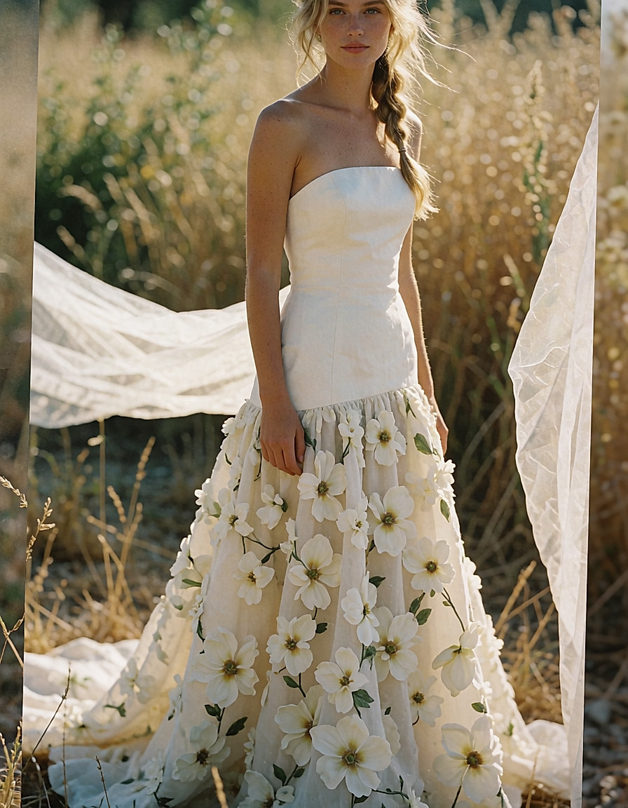 Mariée en robe bustier imprimée de fleurs ivoire dans un champ provençal