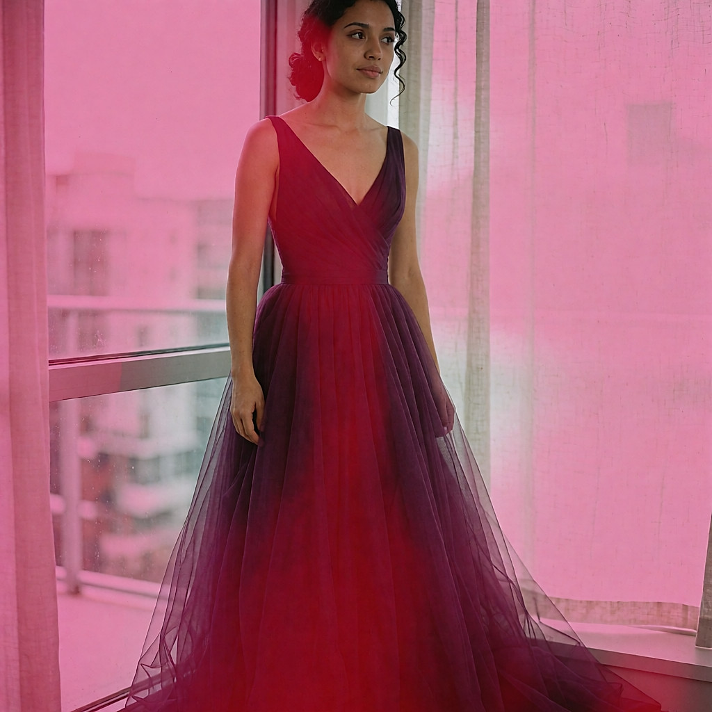 Mariée en robe pourpre à bustier et jupe de tulle près d'une grande fenêtre