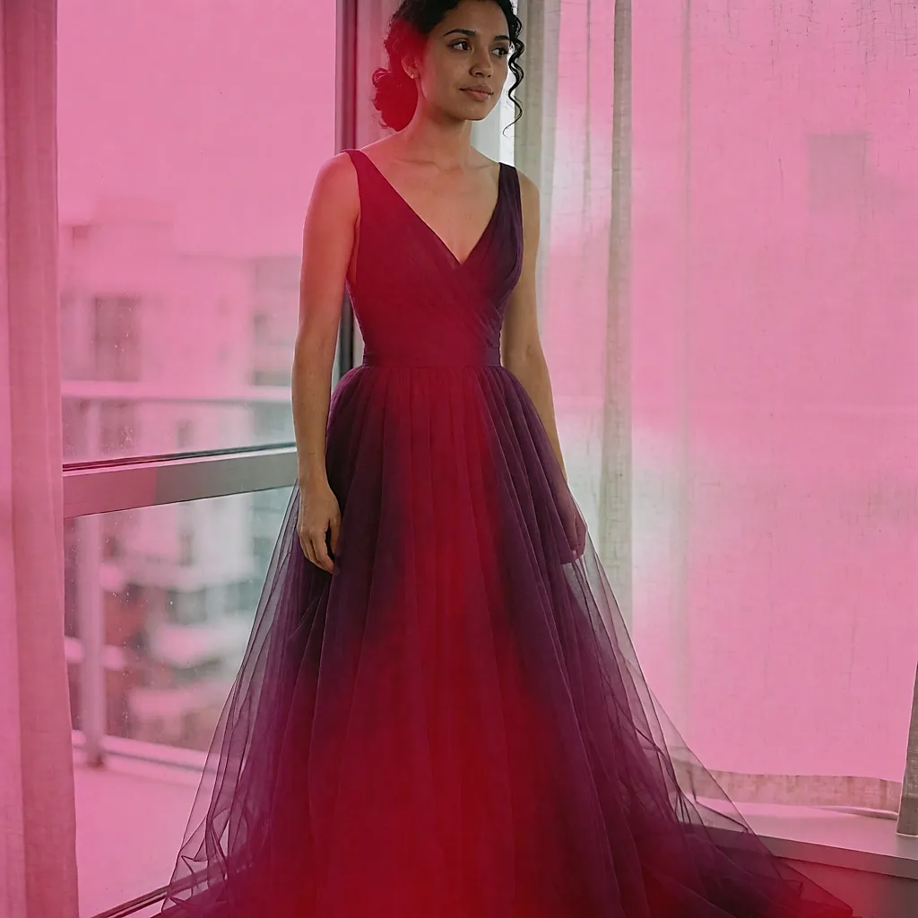 Novia con vestido púrpura de bustier y falda de tul junto a un gran ventanal