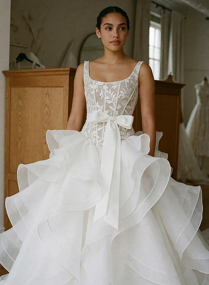 Bride in a white dress with an embroidered bodice, a waist bow and a skirt of ruffled waves