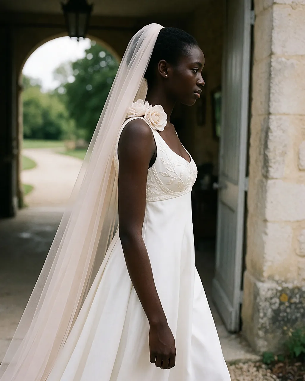 Bride in a white empire-waist dress with an embroidered bodice and a pink veil held by a flower