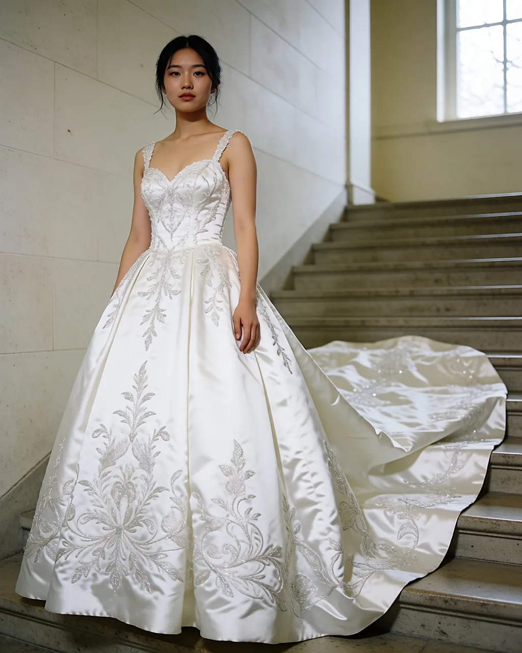 Bride in a white princess dress with a strapped sweetheart bodice and sparkling embroidered satin