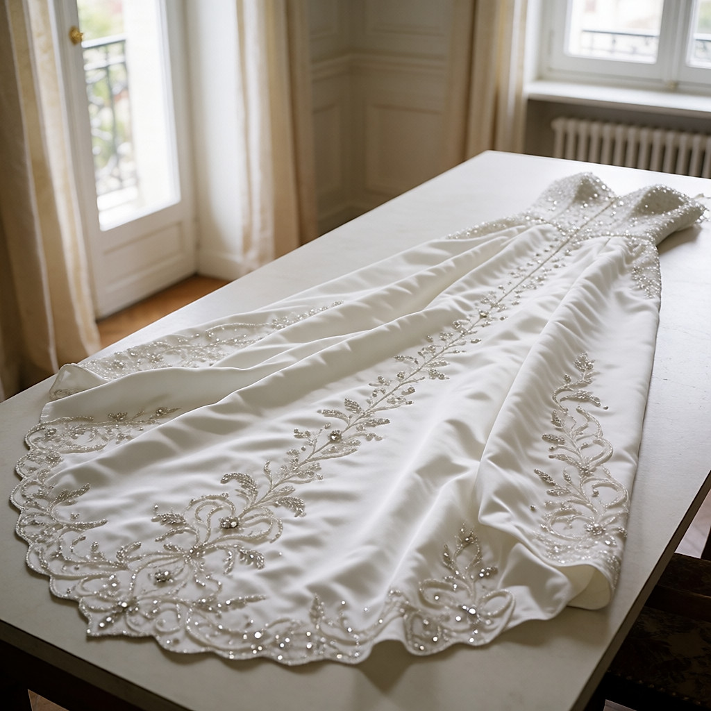 Back view of a bride in a white dress with a long train embroidered with crystals and a detailed bodice