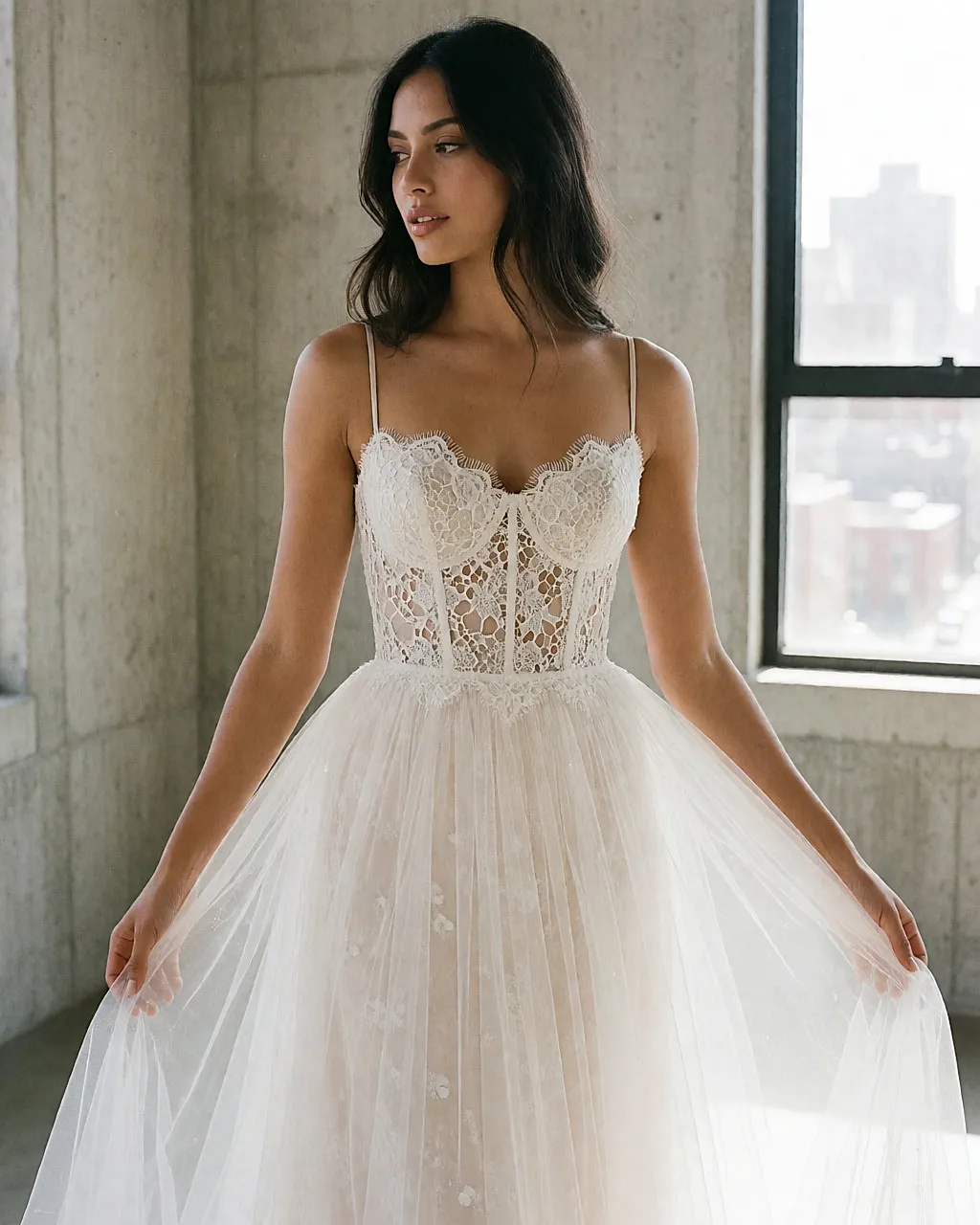 Bride in a modern dress with a lace-trimmed bodice, thin straps and a voluminous tulle skirt