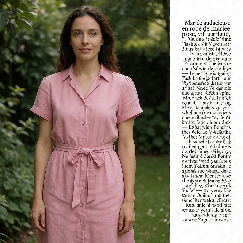 Bold bride in a bright acid-pink wedding dress in a leafy garden