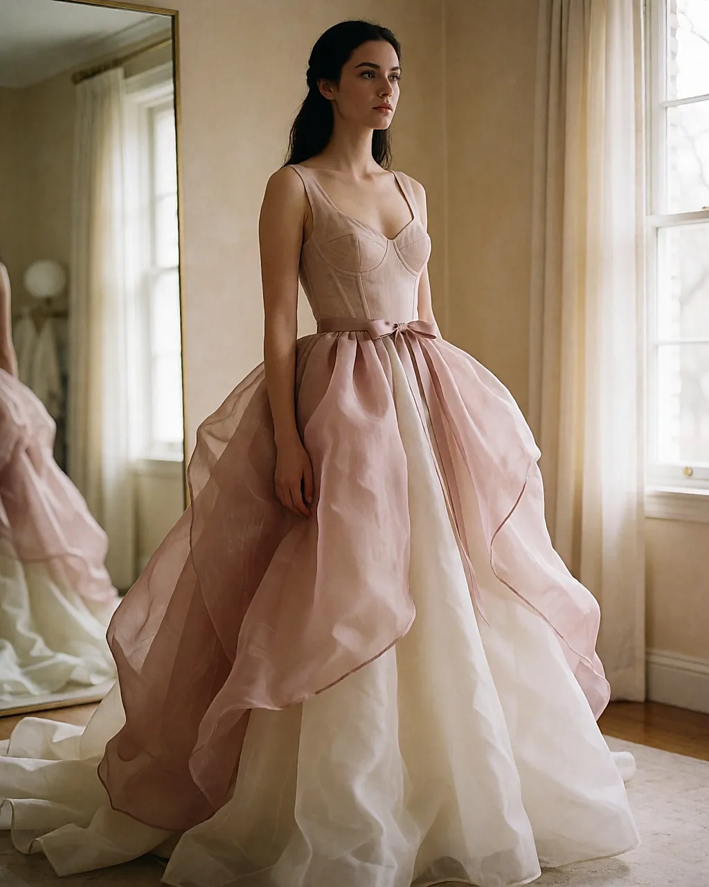 Spanish-inspired wedding dress with a structured bodice and a puffed old-rose and ivory skirt, worn by a young woman