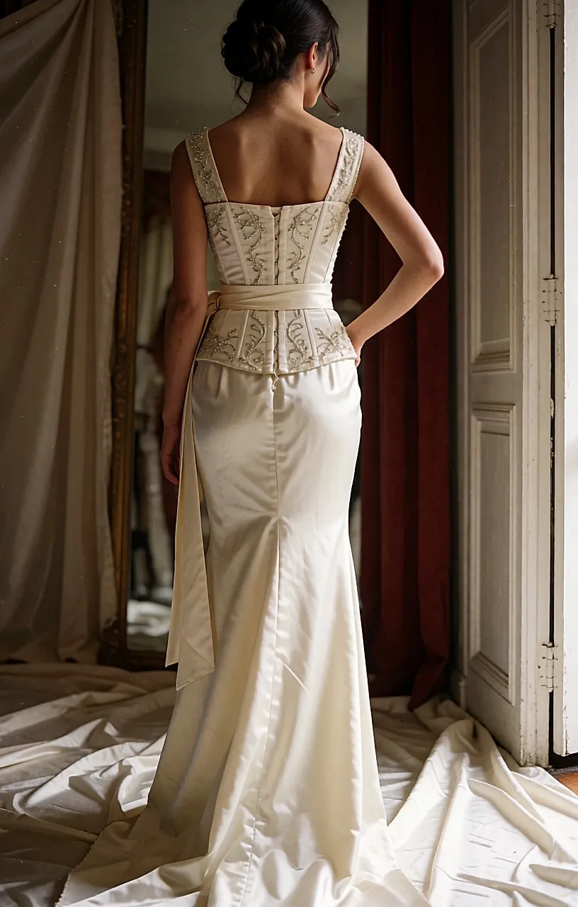 Back view of a bride in a retro ivory dress with a satin belt and a modest train
