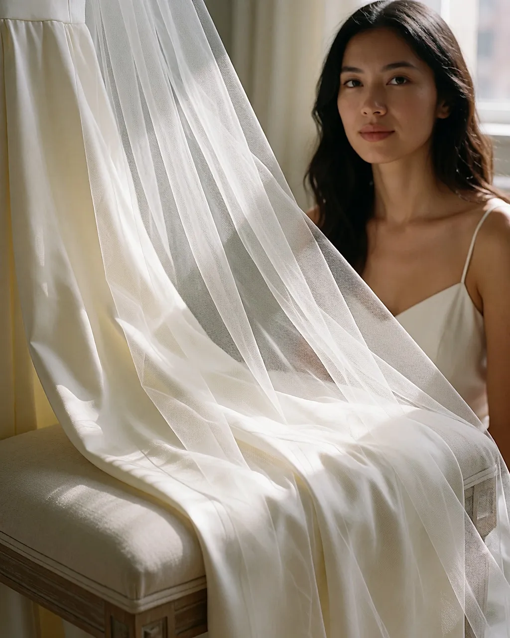 Tulle veil and ivory silk panel draped over a workbench