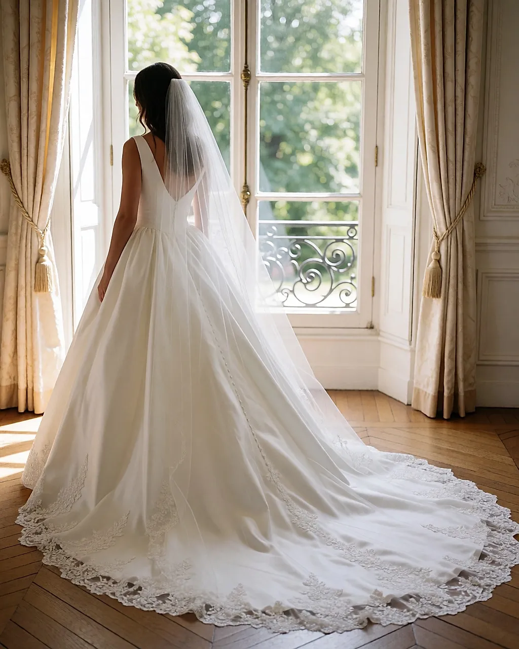 Back view of a bride in a white princess-style dress with a long train