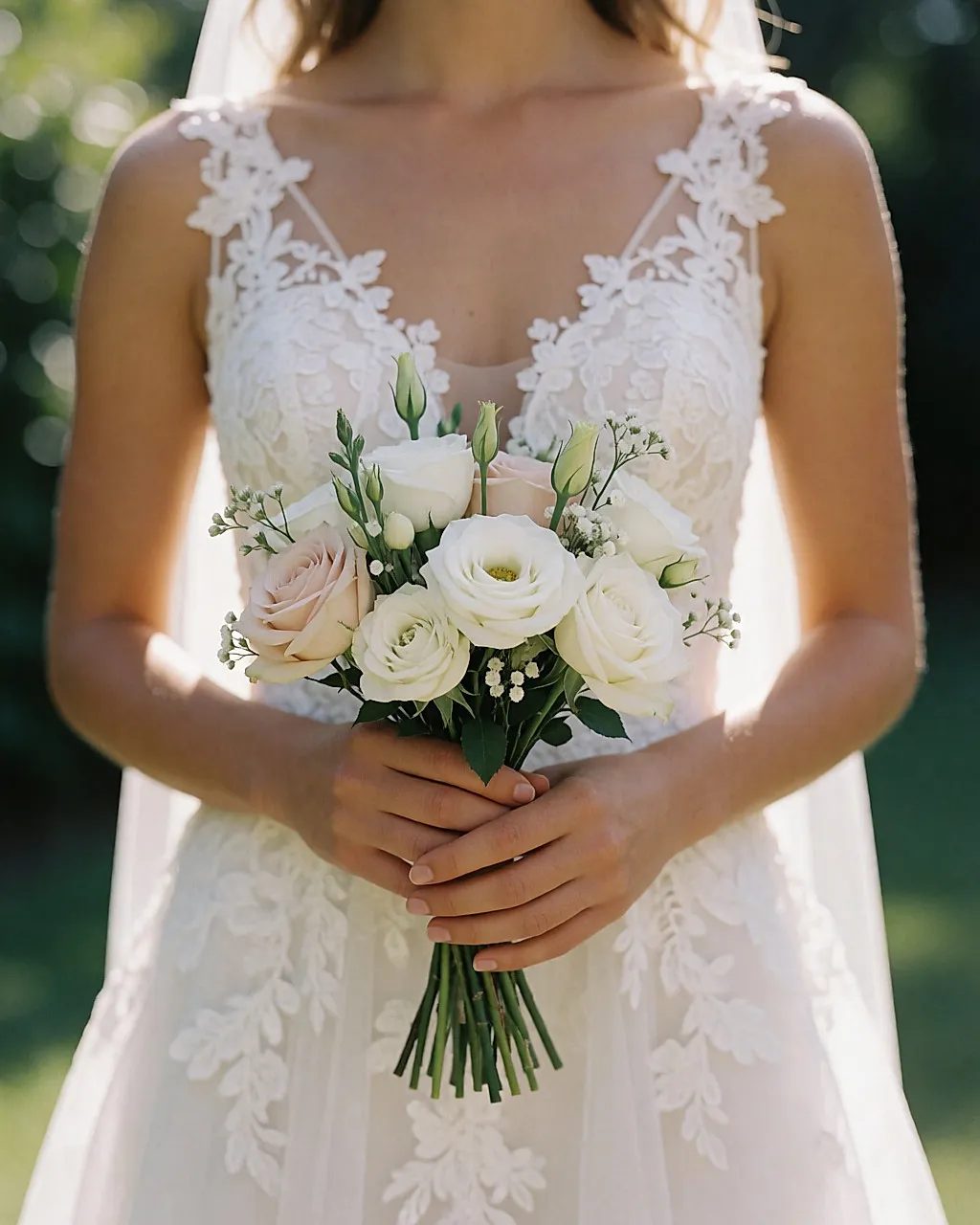 Bride holding a bouquet in front of a white lace bodice