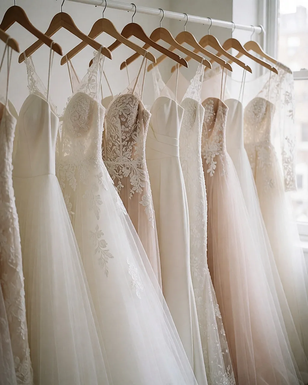 Row of white and pink wedding dresses hanging in a studio