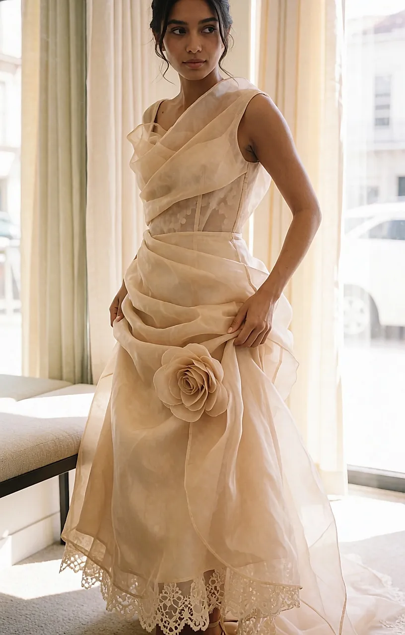 Seated bride in a sunlit-toned organza dress with a flower on the thigh and a lace underskirt