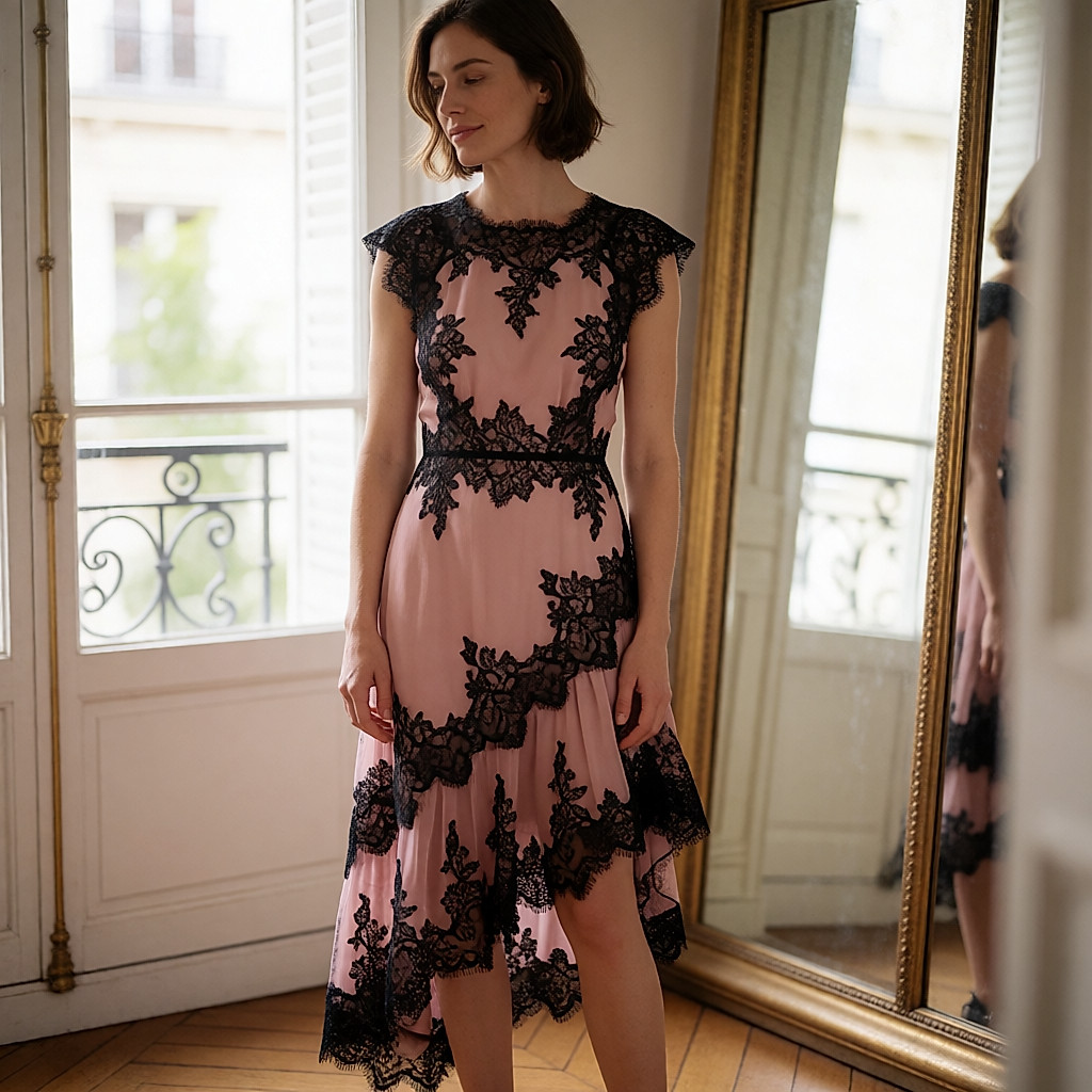 Bride in front of a mirror in a powder-pink dress with black lace and asymmetric ruffles