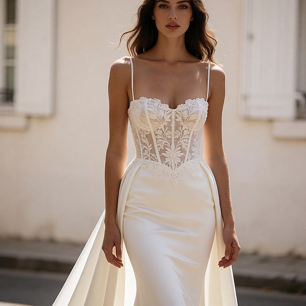 Profile view of a bride in a white dress fitted through the hips, with an embroidered bodice and a long train