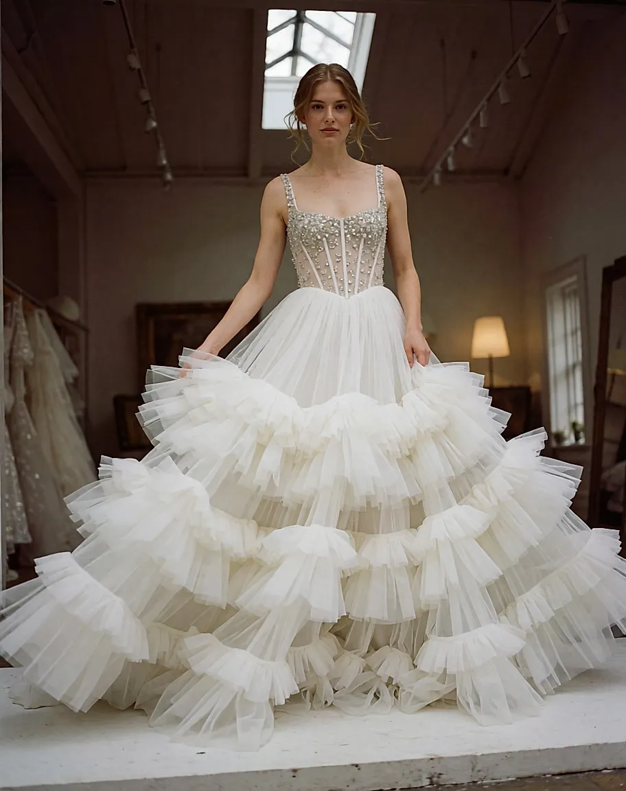 Bride in motion in a dress with a crystal-embellished bodice and a ruffled tulle skirt