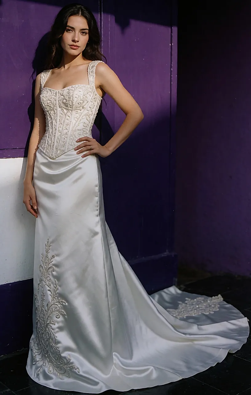 Detail of a white satin bodice covered in shimmering embroidery