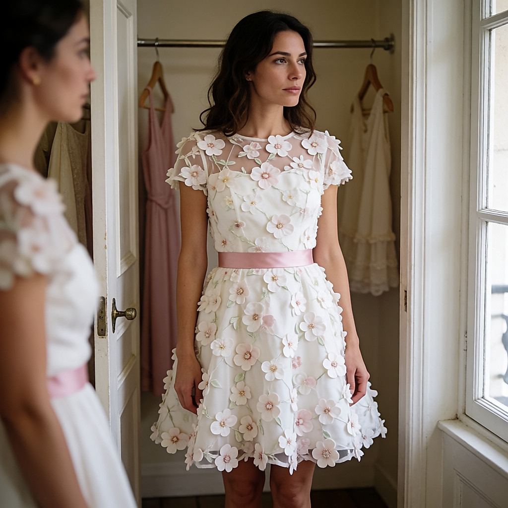 Bride in a short white floral dress with a pink satin belt in a fitting room