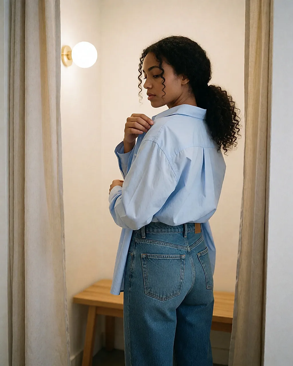 Jeune femme métissée ajustant l'épaule d'une chemise oversize en cabine d'essayage