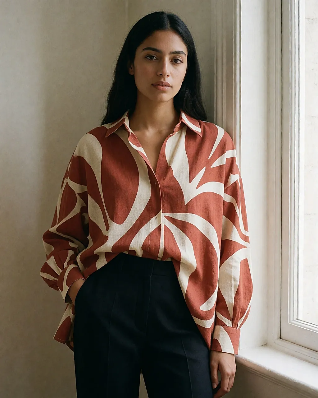 Femme d'origine maghrébine portant une blouse oversize à grand imprimé terracotta et crème