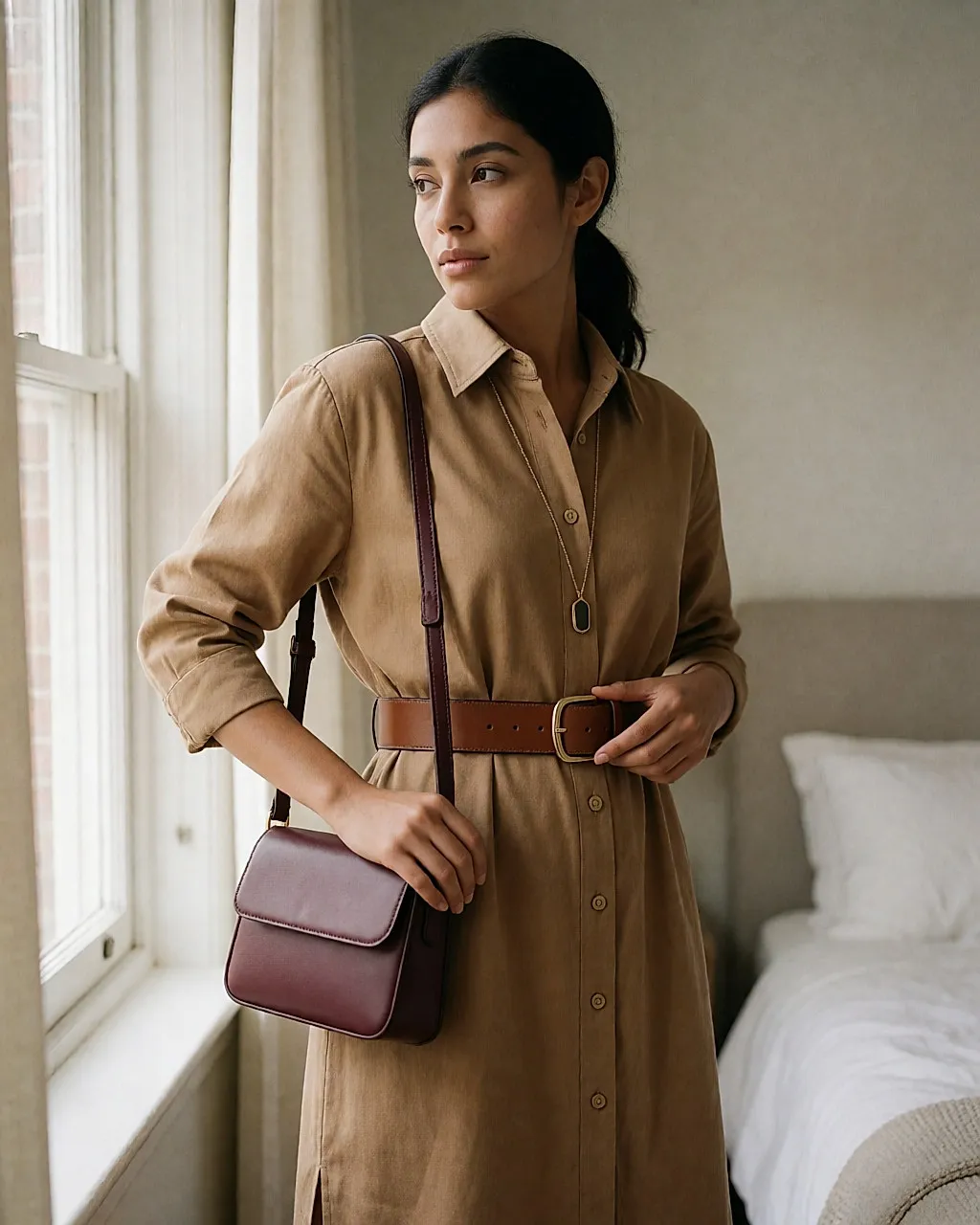 Femme latina ajustant une large ceinture en cuir sur une robe chemise camel