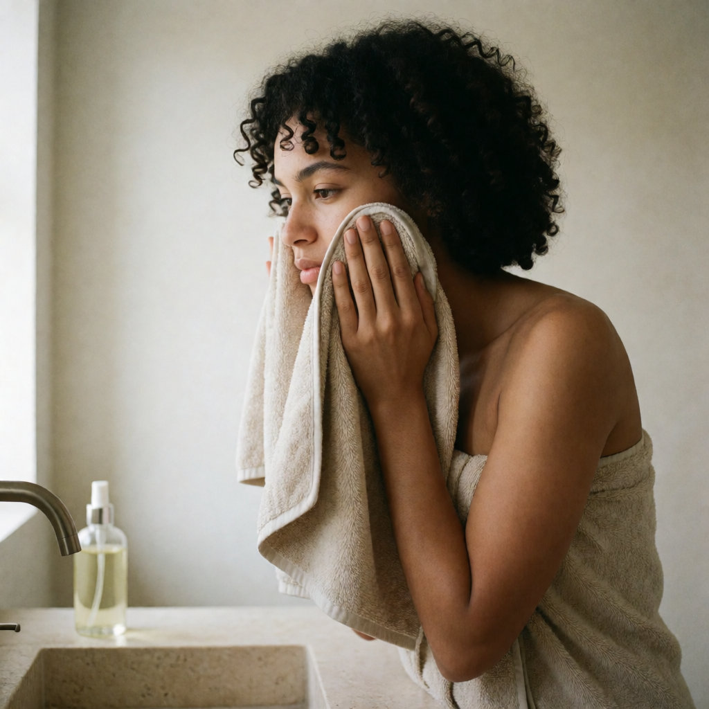 Jeune femme métissée tamponne son visage humide avec une serviette après un rinçage à l'eau tiède