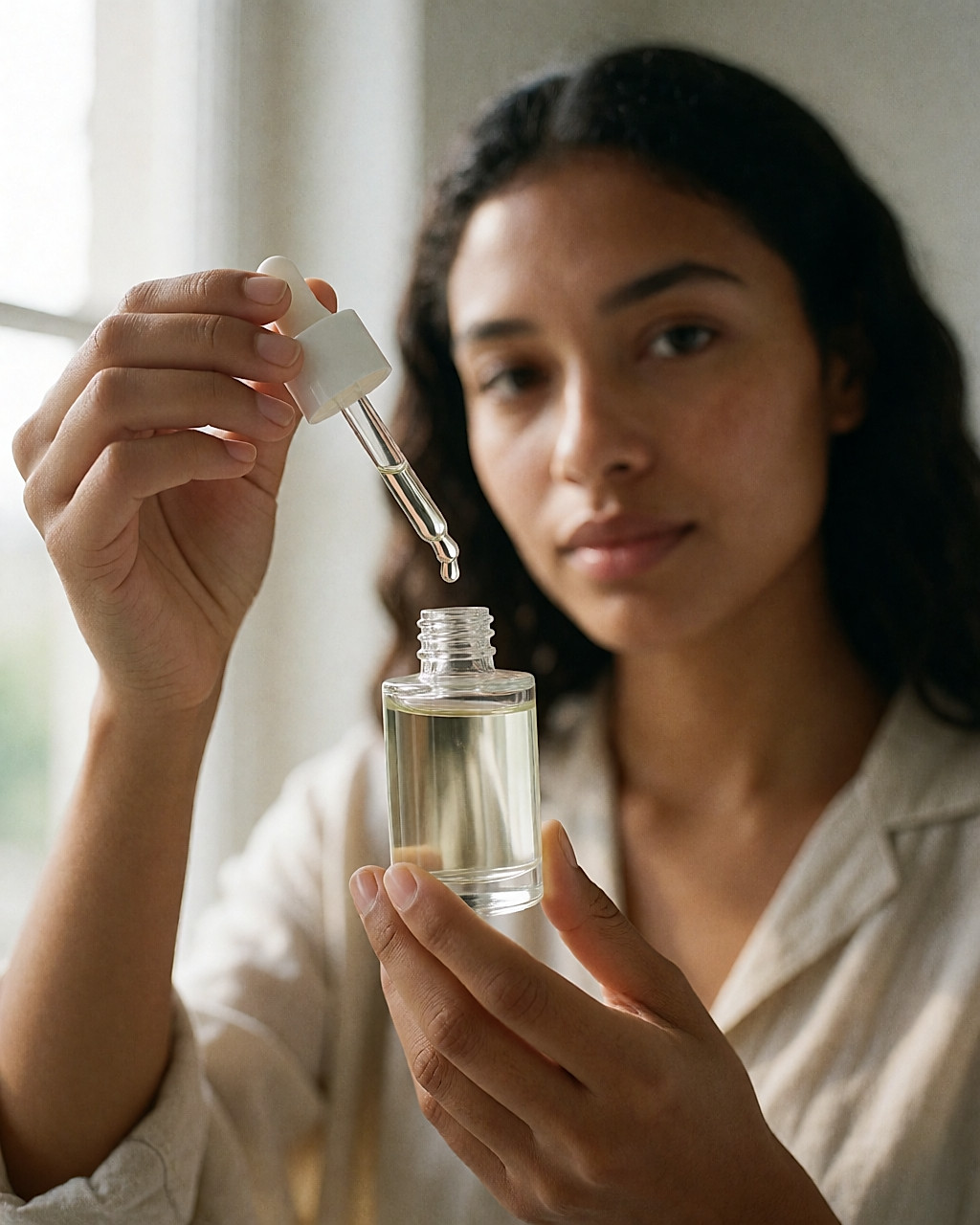 Jeune femme métissée tenant un flacon de sérum en verre et sa pipette, goutte au bout