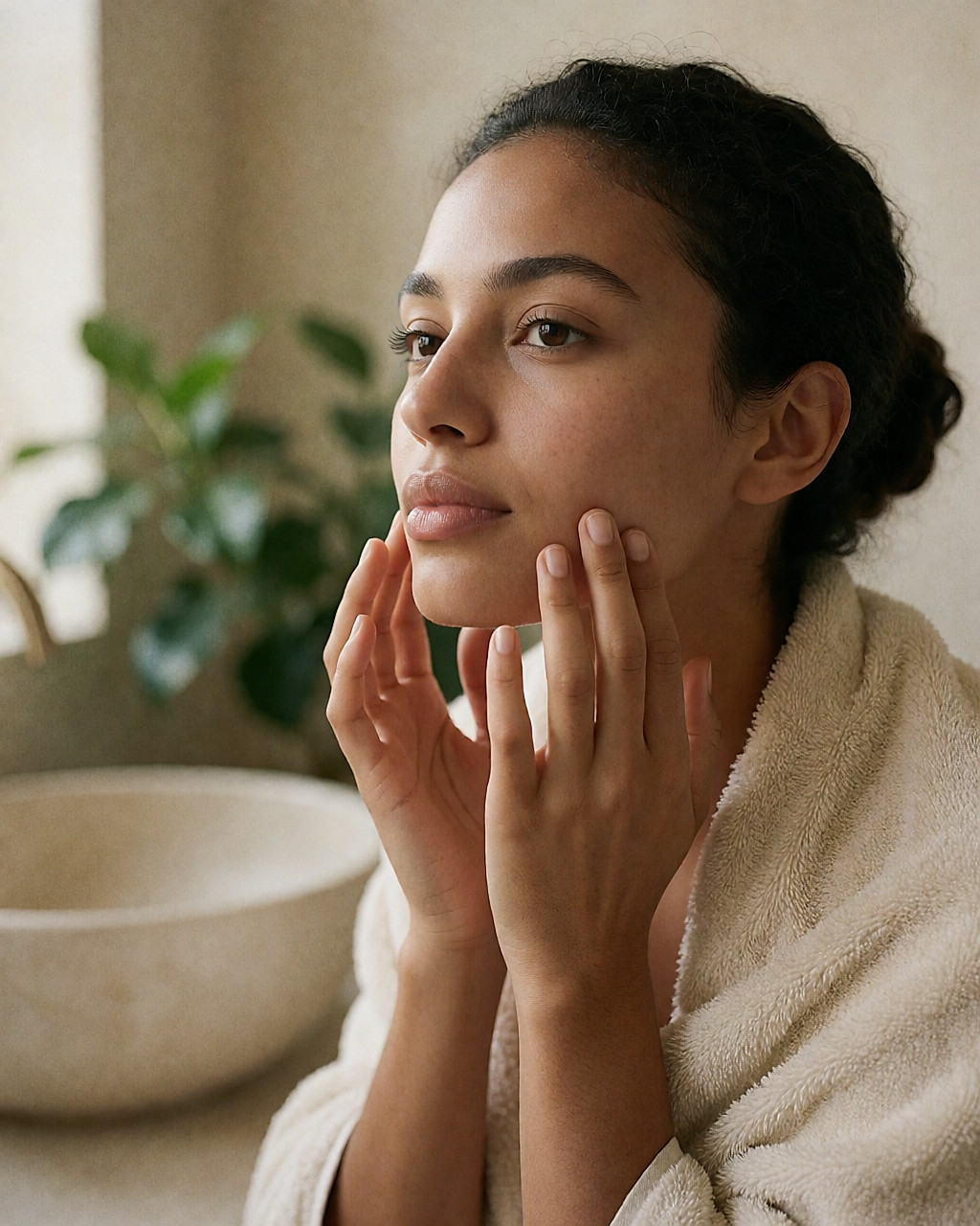 Jeune femme maghrébine appliquant un gommage doux en gel sur sa mâchoire, lumière naturelle